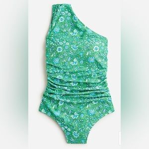J. Crew. Ruched one-shoulder one-piece swimsuit in marigold blooms. Fresh Grass